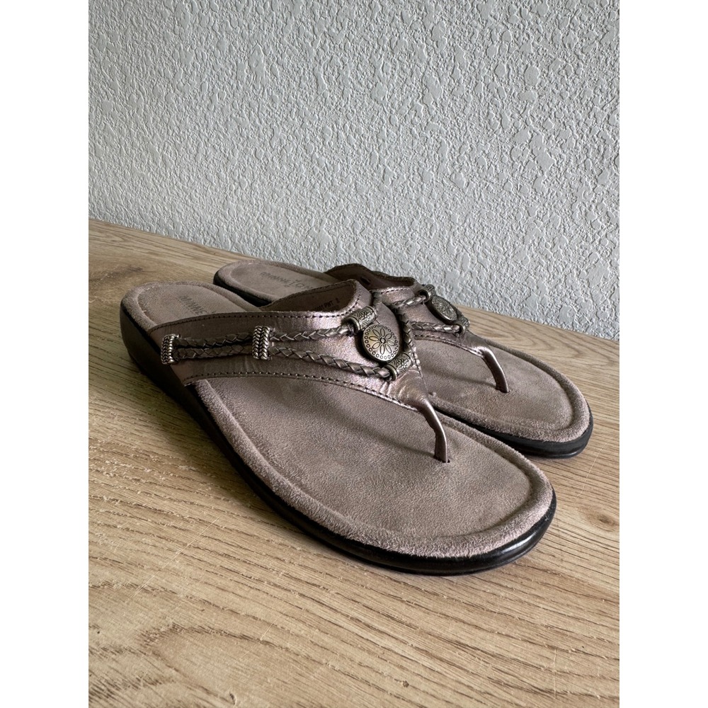 Minnetonka Womens Pewter Metallic Leather Braided Thong Wedge Sandals Size 8 - Picture 10 of 10